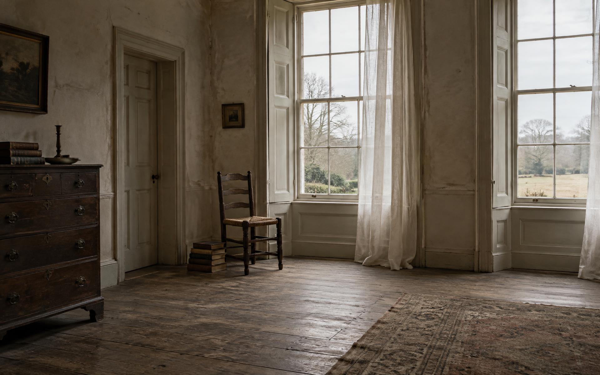 A quiet inherited country-house room with sash windows, linen curtains, and worn timber floors